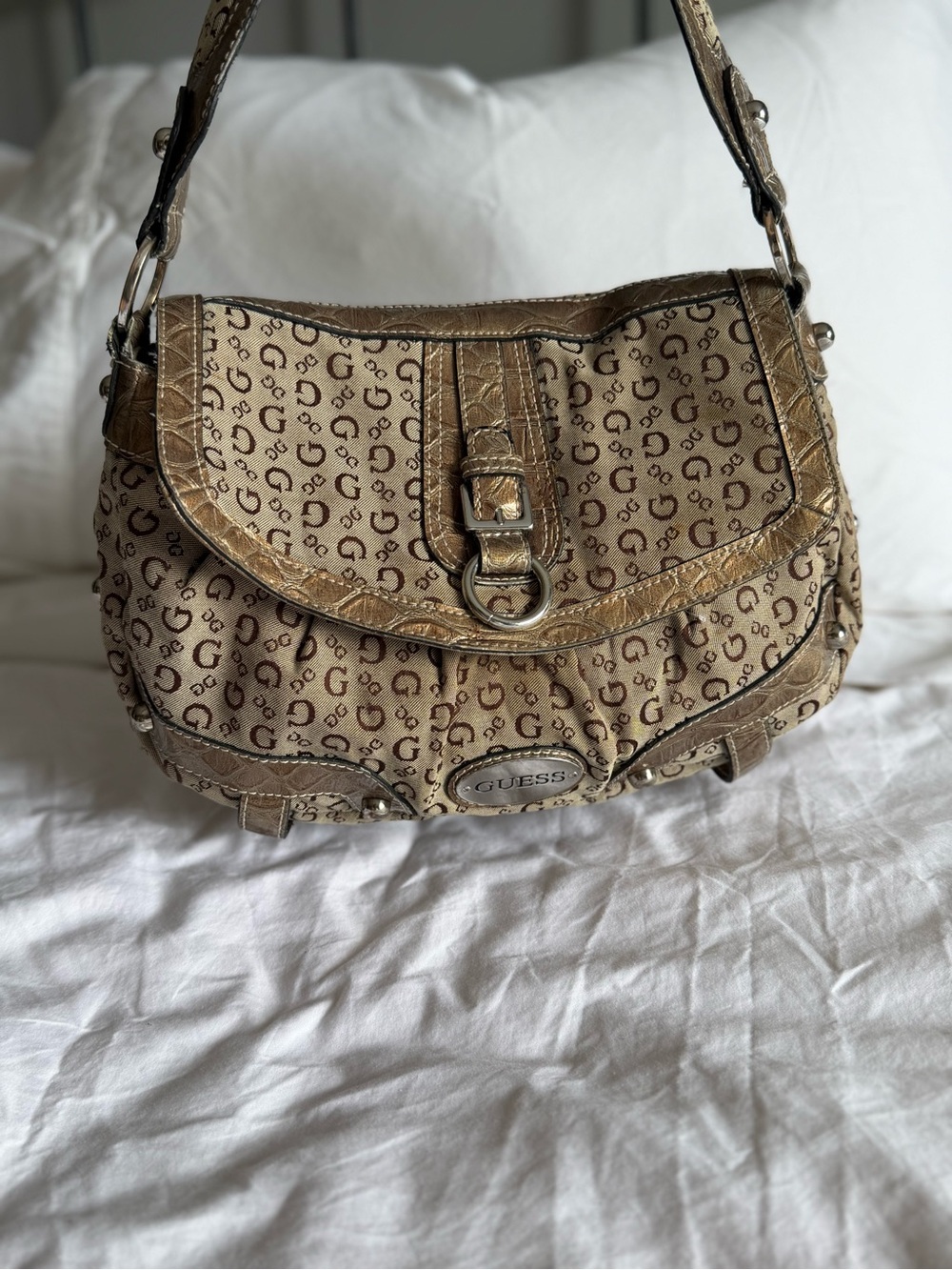 Y2K GUESS Brown Tan Monogram Large Flap Buckle Croc Shoulder Bag